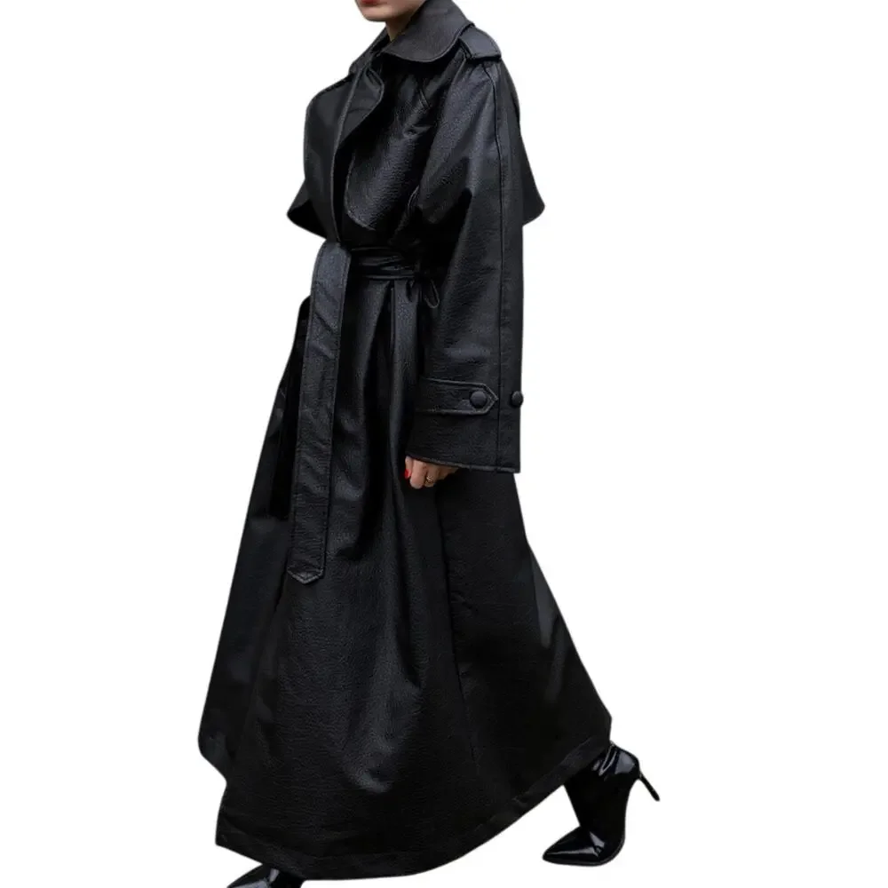 Black Faux Leather Trench Coat Women Long Belted Classic Jacket Stylish - Picture 5 of 12
